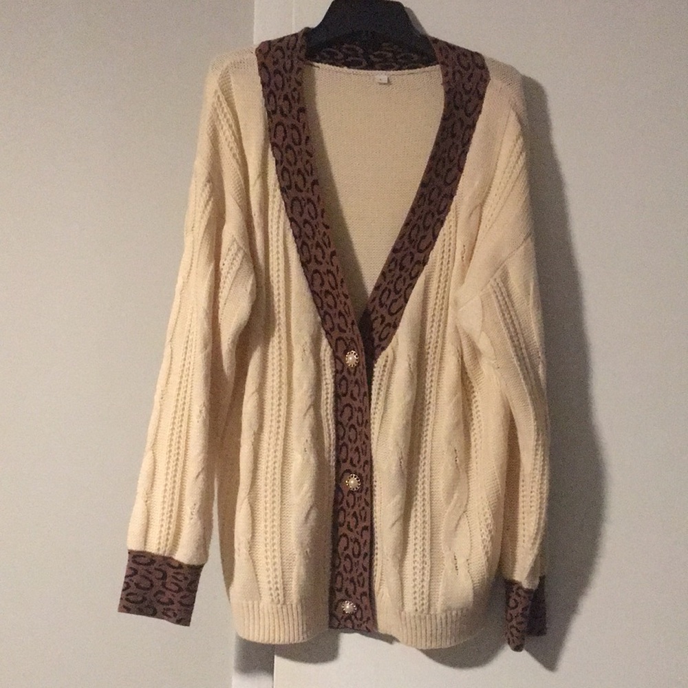 Cream Leopard Trim Women's Sweater